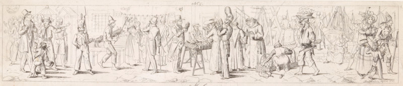 Crowd on a pier in Naples, Molo, Panorama with scenes from daily life in Naples, Panorama delle scene popolari di Napoli, print, Series number, 6, On the left, a customs office with sailors and a soldier in front of a guardhouse. In the middle, the stalls of a print dealer and a bookseller. On the far right, a woman walks arm in arm with a soldier; next to them, a boy dressed as a soldier. In the background, a beggar woman with a child on her lap and the quay wall with the harbor., printmaker: Karl Johan Lindström, Naples, 1831, paper, etching, height 92 mm x width 415 mm, pier, quay, wharf, private soldier, book-shop, bookseller, customs, seaman: sailor, art dealer (graphic arts), A wide horizontal engraving shows a crowded street scene with many standing figures in period clothing, including long coats, hats, bonnets, and military uniforms; several men wear tall hats and coats while one figure in the center foreground is dressed in a soldier’s uniform with a tall shako and a rifle; a...