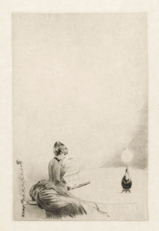 Sitting woman with an album at a table, print, printmaker: Henri Boutet, 1861 - 1919, paper, drypoint, intaglio printmaking technique, drypoint with plate tone, height 194 mm x width 198 mm, book in which illustrations are essential - MM - book open, adult woman (sitting), A seated woman in a long dress with her hair in a bun is shown in profile, holding an open book on her lap and another book propped upright on the table in front of her; she sits at the edge of a round table on which a small lamp with a rounded base and a glowing bulb rests, and faint shading fills the mostly empty background.