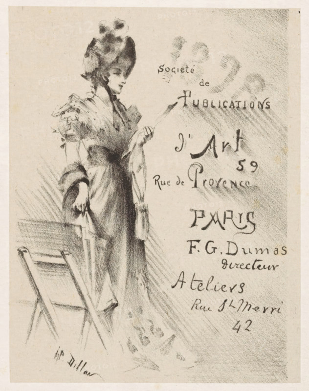 Woman looking at a print, next to her a print stand., print, Advertising poster for the Societé de Publications d'Art. Possibly a New Year's greeting., printmaker: Henri Patrice Dillon, 1898, chine collé, paper, lithography, lithography on chine collé, height 183 mm x width 143 mm, art collecting, eg: engraving, etching, lithograph, A charcoal sketch of a woman standing in profile wearing a wide hat with decorative elements and a high-collared dress with puffed sleeves; she holds a long, thin object in one hand and a small bag in the other, and a folding chair is sketched nearby; the right side of the image shows shaded, textured marks and flowing handwritten script rendered in dark charcoal.