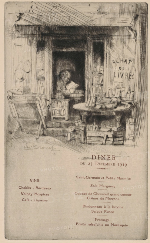 Menu for Les Cent bibliophiles, print, menu, In the doorway of his shop sits a bookseller reading. Outside under a canopy stand a print stand and a table full of books., watermark: 'Eug. Delâtre', printmaker: Auguste Brouet (signed by artist), printer (person): Eugène Delâtre, 1919, printer (person), paper, drypoint, roulette, intaglio printmaking technique, letterpress printing, drypoint with roulette and plate tone, text in letterpress, height 219 mm x width 132 mm, Menu for a dinner organized by Les Cent bibliophiles on December 23, 1919., reading, book, book-shop, bookseller, A pencil sketch of an interior scene showing a recessed doorway with a person seated inside reading a book, surrounded by shelves and stacks of books, with a round table piled with more books in front, a folding chair to the left, crates of books on the floor, and a sign on the wall to the right; the lower portion of the image shows printed menu text.