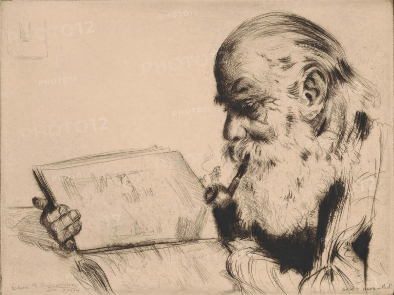 Old man with a pipe, reading a book, Quiet Hour, print, watermark: 'France', printmaker: Elias M. Grossman (signed by artist), 1934-12-09, paper, drypoint, intaglio printmaking technique, drypoint with plate tone, height 138 mm x width 182 mm, reading, pipe, tobacco, book, old man, A detailed pen-and-ink sketch of an elderly man shown in profile holding an open book with one hand while smoking a pipe, his face framed by a long beard and thinning swept-back hair, deep lines and textured strokes emphasizing his brow, eye area, and cheek, with cross-hatching and loose sketch lines creating shadow and form, the book rendered with quick angular strokes and the hand gripping its edge, all set against a plain background.