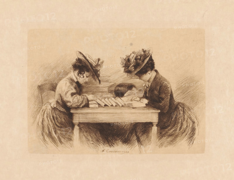 Two women with hats at a writing desk, print, Various books lie on the table. The woman on the right is writing in an open book., printmaker: François Courboin, 1903, paper, etching, drypoint, roulette, intaglio printmaking technique, etching and drypoint with roulette and plate tone in brown, height 129 mm x width 178 mm, writing-table, writing-desk, reading, book, handwriting, writing as activity, A sepia-toned sketch shows two women seated at a wooden table facing each other with their heads bowed over an open book and folded papers, both wearing large brimmed hats adorned with ribbons and feathers and wearing long-sleeved dresses with visible folds and textured shading; the table has a simple rectangular top and sturdy legs, a stack of papers or books rests near the center, and a third person's head is partially visible between the women, bowed over the table; the background is plain with crosshatched shading and the edges of the sketch are framed by a lighter border.