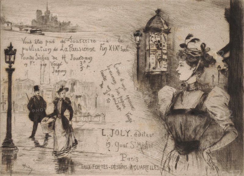 Publisher's prospectus for La Parisienne fin XIXe siecle by Henri Jourdain, print, Right a woman with a hat with an advertising column in the background. Left a man and a woman on the Place de la Concorde. Above a view of the Seine with Notre-Dame in the background., printmaker: Henri Jourdain, Paris, 1874 - 1931, Henri Jourdain, printmaker, paper, drypoint, intaglio printmaking technique, drypoint with plate tone, height 144 mm x width 198 mm, ornamental fountain, poster-pillar, Place de la Concorde, Notre-Dame (Paris), A detailed ink drawing shows a street scene with a woman in profile on the right wearing a high-necked dress with puffed sleeves and a hat decorated with feathers, her hair styled in an updo and her hand resting at her waist; to the left two figures stand near a lamppost, one wearing a top hat and the other a skirted outfit and hat, with a bucket beside them and reflections on wet pavement; in the midground there is a decorative cylindrical kiosk with posters and a nea...