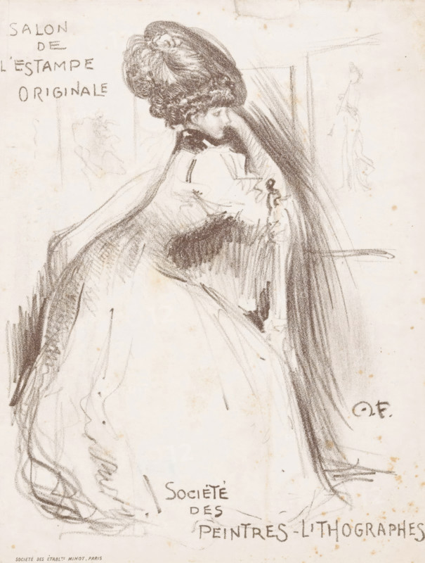 Invitation to an exhibition of work by Henri Fantin Latour at the Grand Palais, print, invitation, Invitation to the opening on Saturday, February 17, 1906, of the sixth Salon de l'Estampe Originale at the Grand Palais des Champs-Élysees. At this exhibition, organized by the Société des Peintres-Lithographes, the lithographic work of Henri Fantin Latour was displayed. With text on the inside of the invitation., printmaker: Monogrammist MF (France), printer (person): Imprimerie J. Minot, Paris, Monogrammist MF (France), Imprimerie J. Minot, printmaker, printer (person), paper, lithography, lithography in brown, text in green on the inside of the invitation, height 181 mm x width 138 mm, art collecting, eg: engraving, etching, lithograph, exhibition, show, A charcoal sketch of a woman shown in profile wearing a large, textured hat and a loose flowing garment, her head slightly bowed and her arm raised toward her face, with heavy shading along her back and hat and lighter, sketchy lines s...