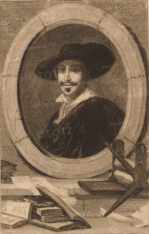 Portrait of Daniel Elzevier, Portrait de D. Elzevier, print, book printer and publisher in Leiden and Amsterdam. Oval portrait in an architectural frame with stacks of books and a plate press underneath., printmaker: L. Roussel, after painting by anonymous, printer (person): Albert Quantin, Paris, 1881, printer (person), paper, etching, height 206 mm x width 138 mm, Print from: Le Livre: revue mensuelle, 1881., Person, Daniel Elzevier, tools, implements of graphic artist, publishing, publisher, book, An oval framed etching of a man shown from the chest up, wearing a wide-brimmed hat, a dark cloak, and a light collar, with a styled mustache and small pointed beard; the background within the oval is textured with short hatch marks and the oval frame is rendered with concentric lines and visible seams; below the frame a flat surface holds scattered papers and stacked books with visible page edges and bindings, and a pair of compasses rests with one leg on the surface and the other leg ang...