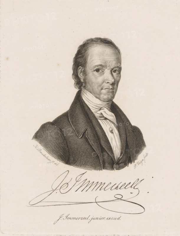 Portrait of Johannes Immerzeel, print, Portrait of the publisher Johannes Immerzeel. His signature is below the portrait., printmaker: Philippus Velijn, Netherlands, after drawing by Hendrik Breukelaar, publisher: Johannes Immerzeel, 1797 - 1836, paper, etching, engraving, etching and engraving, height 129 mm x width 100 mm, Person, A monochrome engraved portrait of a man shown from the chest up wearing a dark textured coat with a high collar and a light-colored shirt with a wrapped neckcloth; his face is detailed with fine etched lines, short wavy hair, and sideburns, and he looks slightly to the viewer's right with a neutral expression, all set against a plain light background with areas of subtle paper texture.