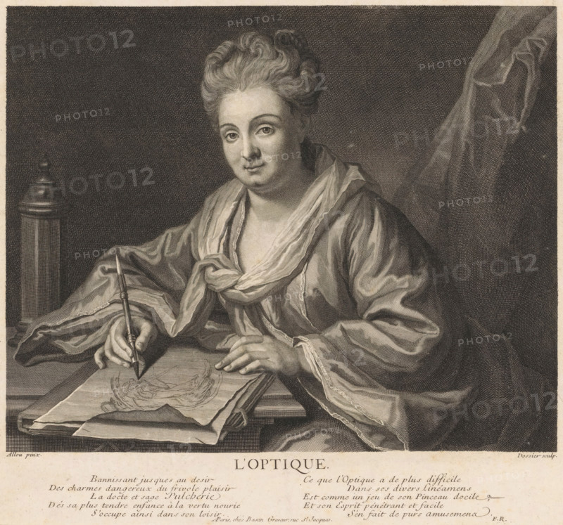 l'optique, Portrait of Anne Allou drawing, print, Portrait of Anne Allou (née Raguenet), the wife of artist Gilles Allou, with a chalk holder in her right hand. She is drawing an anamorphic image, a distorted representation that looks realistic when using the reflective cylinder standing in the background. With caption in French., number: 'No. 345', printmaker: Michel Dossier, after painting by Gilles Allou, publisher: Henry Louis Basan, Paris, 1737 - 1750, Michel Dossier, Gilles Allou, Henry Louis Basan, printmaker, after painting by, publisher, paper, engraving, height 297 mm x width 318 mm, Person, Anne Allou, portrait, self-portrait of draughtsman, anamorphosis, A seated person with hair swept up and a calm facial expression wears loose, draped clothing and a scarf-like cloth around the neck, holding a long pointed instrument in one hand that touches a sheet on a table while the other hand rests on the paper; the table supports stacked sheets and a covered cylindrical object, and a...