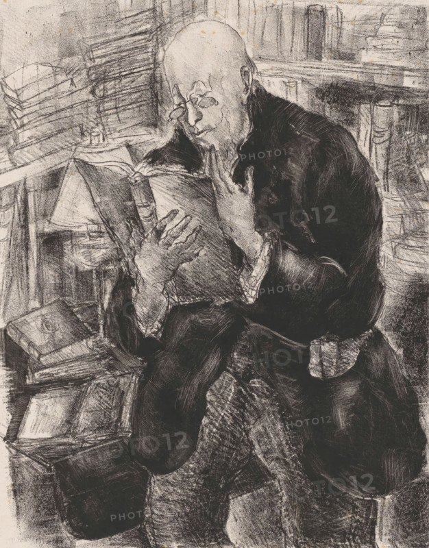 Reading man in a library, print, In a room full of books stands a bald man with a book in his hands. On his nose he wears a pince-nez., annotation: 'eprueve d'artiste 1, 15', printmaker: Luc-Albert Moreau (signed by artist), Paris, 1892 - 1948, Luc-Albert Moreau, printmaker, chine collé, paper, lithography, lithografie, height 510 mm x width 435 mm, study, 'studiolo', library, reading, book, eyeglasses, spectacles, A monochrome sketch shows an elderly bald man seated and hunched over an open book, wearing round spectacles and a dark coat; one hand holds the book while the other touches his face near the chin, and his facial features and hands are rendered with fine, textured lines. Books and shelves surround him in the background, with stacked volumes and a lamp visible amid rough, crosshatched shading, and the overall scene is composed of dense, expressive charcoal or ink strokes creating contrasts between light and dark areas.
