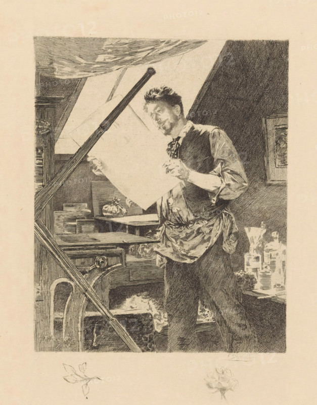 Portrait of Félicien Rops in his studio, print, The artist inspects a print, behind him on a table printmaking materials, in the foreground a part of the wheel of a printing press., printmaker: Fernand Desmoulin, after design by Paul Mathey, c. 1875 - c. 1900, paper, Japanese paper (handmade paper), etching, drypoint, etching and drypoint on Japanese paper, height 195 mm x width 160 mm, The print can be compared to the painting by Paul Mathey with the same subject (Château Versailles MV 6146), which shows the artist's studio., Person, Félicien Rops, printing press, tools, implements of graphic artist, graphic artist, eg: engraving, lithograph, A monochrome etched scene shows a man standing in a cluttered interior, holding a large sheet of paper with both hands and tilting his head to look at it; he has tousled hair and a beard and wears a rolled-sleeve shirt, a vest, and a loosely tied neckcloth with an apron tied around his waist. Around him are workshop elements including a table wit...