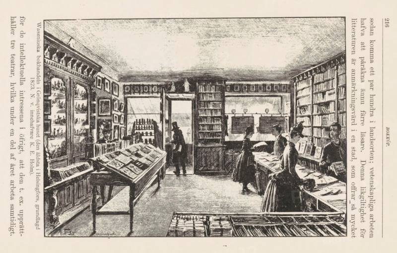 Interior of the Wasenius bookstore in Helsinki, print, book illustration, printmaker: unknown, after design by Aleksander Thiodolf Federley, publisher: Holm's Förlag, KE, 1888, unknown, Aleksander Thiodolf Federley, Holm's Förlag, paper, wood engraving, letterpress printing, text in letterpress, height 159 mm x width 225 mm, Print probably from: Hertzberg, Rafaël. Helsingfors for trehundra år sedan och i våra dagar. Helsinki: KE Holm's Förlag, 1888. The bookshop was located in the Grönqvistska huset. On the reverse, an image of a printing shop., book-shop, bookseller, A black and white illustration of an interior room with tall bookshelves lining the walls, tables and display stands filled with open books and papers, framed pictures and decorative panels above the shelves, and several people in period clothing standing and sitting as they examine the books; an open doorway at the back shows a silhouetted figure in a coat and hat, while three women in long dresses and bonnets are gather...