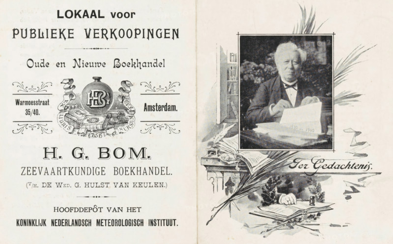Portrait of Hendricus Gerardus Bom, print, Portrait of bookseller, publisher, and auctioneer Hendricus Gerardus Bom, after photo by anonymous, writer (clerical worker): Gerrit Dirk Bom H.Gz., Amsterdam, 1901-01, printmaker, writer (clerical worker), paper, autotype, letterpress printing, autotype with text in letterpress on verso., height 143 mm x width 225 mm, On the front of a card in which Gerrit Dirk Bom H.Gz. thanks for the condolences following the death of his father, HG Bom, on December 12, 1900. He further states that he will continue his father's business under the old name. On the back, the address of the shop., Person, Hendricus Gerardus Bom, The image shows a two-page printed layout with decorative illustrations and a framed portrait of an older man seated and looking toward the camera, wearing a dark suit and bow tie and holding an open book or papers on a table in front of him; surrounding the portrait are drawn botanical elements and an illustrated desk scene with an in...