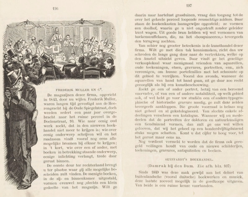 Auction at Frederik Muller and Co., print, book illustration, In the foreground a reading man, behind him the auction room with the auctioneer on a raised platform., printmaker: Johannes Walter, publisher: Holkema & Warendorf, Van (possibly), Amsterdam, 1892, paper, wood engraving, letterpress printing, text in letterpress, height 162 mm x width 207 mm, Print possibly from: Illustrated Guide to Amsterdam. Amsterdam: Van Holkema and Warendorf, 1892., newspaper, news-sheet, art collecting, art sale, auction, A printed page showing an illustration of a crowded room with seated and standing men, many wearing top hats and formal coats, gathered around a central figure who appears to be holding up a rectangular object, while additional men sit or stand behind a bench or table at the front; the left margin shows a larger figure in a long coat and top hat holding a small object close to his face, and the right side of the page contains dense columns of printed text.