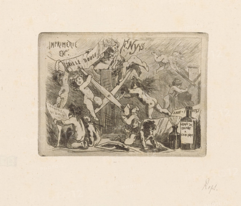 Business card of printer François Nys, print, visiting card, Depiction of eleven putti in a printing shop examining prints, operating two printing presses, and inking a print. Two bottles of etching water in the lower right., watermark, printmaker: Félicien Rops, printer (person): François Nys (possibly), 1878, printer (person), paper, etching, drypoint, intaglio printmaking technique, drypoint etching and plate tone, height 86 mm x width 117 mm, printing press, tools, implements of graphic artist, cupids: 'amores', 'amoretti', 'putti', A rectangular etched scene framed by a darker border shows several nude cherubic figures interacting with large crossed tools and printing press elements, with some figures climbing, reaching, or reclining on geometric structures; a seated adult figure leans over a box at the right while a bottle and smaller vessel sit nearby on a ledge; draped fabric and a partially visible banner hang above, and a figure with flowing hair leans over from the upper cen...