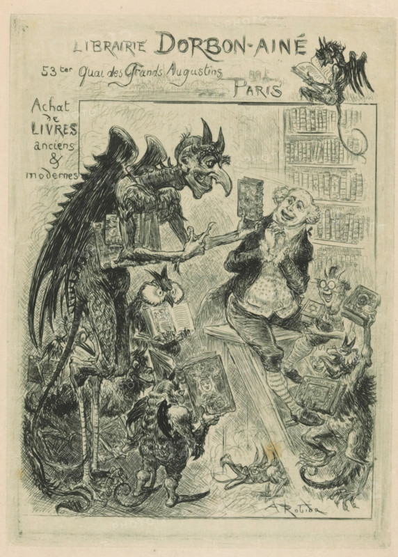 Business card of the Dorbon-Ainé bookstore in Paris, print, visiting card, Interior of a bookstore with a devil in the center with chicken feet, tail, wings, and horns offering a book to a bookseller sitting on a small ladder in front of a bookcase. In the room are eight other devils or fantasy figures, most of whom are holding books., printmaker: Albert Robida, publisher: Librairie Dorbon-Ainé (possibly), 1901 - 1924, paper, etching, drypoint, intaglio printmaking technique, drypoint etching and plate tone in green, height 160 mm x width 116 mm, book, book-shop, bookseller, devil(s) and demons, bookshelves, A detailed ink drawing shows a tall winged creature with a beaklike face and horns leaning toward a seated man who gazes upward with a pleased expression while clutching a small book; the creature holds another book and stands among smaller fantastical figures including an owl holding a book, a small impish character with round glasses offering a book, and other goblinlike creature...