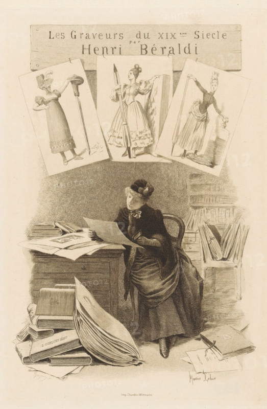 Woman examining prints behind a desk, Title page in front: Henri Béraldi, Les graveurs du XIXe siècle, 1899, print, title page, A woman examines prints behind a desk, a print in one hand, a magnifying glass in the other. Loose prints, albums, and portfolios lie scattered across the desk and on the floor. Three prints are depicted above the woman. It shows three women with the tools of a printmaker: a burin, a chalk holder and an etching needle., printmaker: Eugène Gaujean, after design by Maurice Leloir, printer (person): Chardon-Wittmann, Paris, publisher: Léon Conquet, printer (person), paper, etching, soft-ground etching, roulette, varnish mous and roulette, height 207 mm x width 140 mm, Title page for: Béraldi, Henri. Les engravers du XIXe siecle. Guide de l'amateur d'estampes moderns. Paris: L. Conquet, 1889., tools, implements of graphic artist, art collection, art gallery, A monochrome illustration shows a seated woman wearing a long dress, coat with fur trim, gloves, and a hat ...