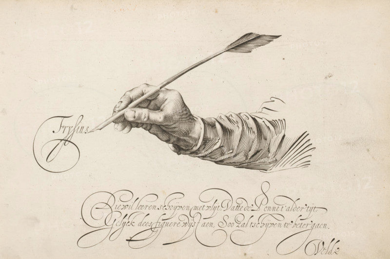 Right hand with quill, Mirror of the Art of Writing, print, album page, ornamental print, Frysius writing. With a two-line caption in French: He who wants to learn to write diligently ..., printmaker: Simon Frisius, Haarlem, after design by Jan van de Velde (I), Rotterdam, 1605, paper, engraving, gravure, height 210 mm x width 320 mm, calligraphy, quill, handwriting, writing as activity, A detailed ink drawing of a right hand and forearm emerging from a draped sleeve, holding a long feathered quill between the fingers, with fine line shading defining knuckles, folds of fabric, and the feather's barbs, set against a plain, lightly textured background.
