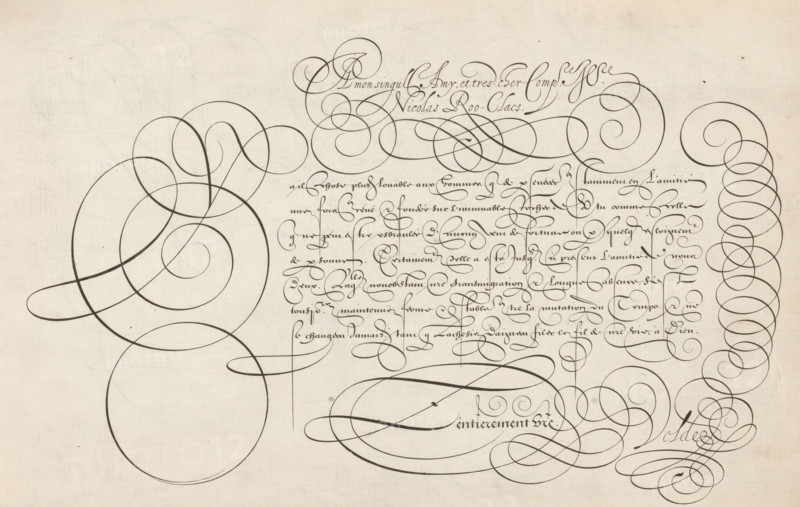 Writing sample: A mon singulier amy, Spieghel der schrijfkonste, print, album page, ornamental print, et tres-cher compfrere Illustre Nicolas Roo-Claes. Below that, in a different font, an initial Y and seven lines of text in French: Y a il chose ... The text is framed by scrollwork., printmaker: Simon Frisius, Haarlem, after design by Jan van de Velde (I), Rotterdam, dedicated to: Nicolaes Rooclaes, 1605, paper, engraving, gravure, height 210 mm x width 320 mm, calligraphy, A sheet of aged paper with ornate dark ink flourishes and looping calligraphic strokes covering much of the surface, featuring large sweeping spirals and concentric circles on the left, intertwined oval and ribbon-like curves across the center, and dense, tightly looped ornamental lines forming vertical columns and clustered swirls on the right, with smaller delicate curlicues and decorative penmanship filling spaces between the larger designs and faint paper texture visible in the background.