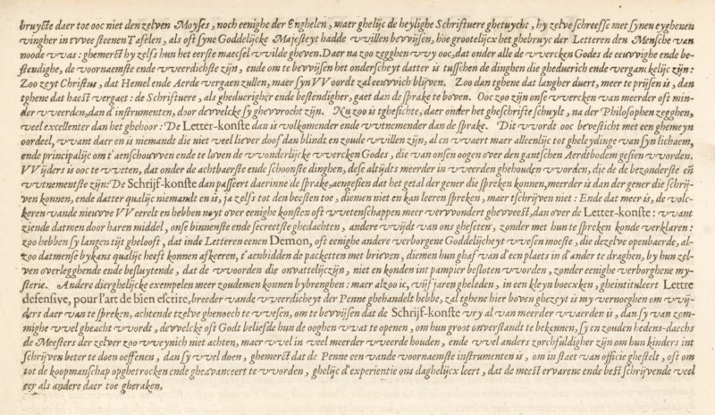 Praise of writing, page 2 of 2, Praise of the pens, against the petty critics of them, Mirror of writing, album page, text sheet, Text sheet with a praise of writing, page 2 of 2. The text sheet is part of an album., writer (clerical worker): Jan van de Velde (I), Rotterdam, 1605, writer (clerical worker), paper, letterpress printing, text in letterpress, height 210 mm x width 315 mm, A rectangular sheet with aged cream paper filled edge to edge with dense rows of dark brown handwritten script in a flowing italic style, with evenly spaced lines and uniform margins; the ink shows slight variations in darkness and occasional small smudges, and the paper has subtle discoloration and faint foxing around the edges.