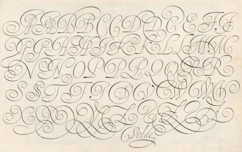 Writing example: the alphabet in five lines of capitals, Spieghel der schrijfkonste, Thrésor litéraire, print, album page, ornamental print, Writing example with the alphabet in five lines of capitals., printmaker: Simon Frisius, Haarlem, after design by Jan van de Velde (I), Rotterdam, 1605, paper, engraving, gravure, height 210 mm x width 320 mm, calligraphy, A sheet with a light beige background covered across its surface by dark, flowing calligraphic strokes forming ornate, looping shapes that vary in thickness and curvature, arranged in horizontal rows and overlapping in places, with many elegant spirals, elongated swashes, and decorative flourishes that create a rhythmic, repeating pattern across the page.