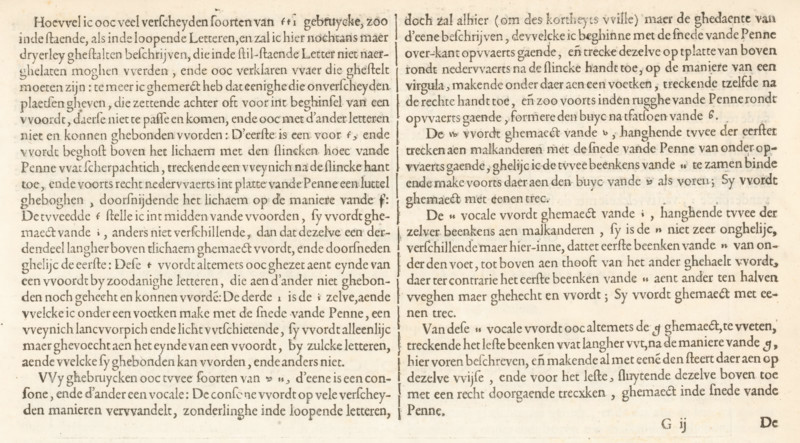 Instruction on writing Dutch literature (fourth continuation), Instruction on writing Dutch coarse and small letters, Mirror of the art of writing, Foundation Book, album page, text sheet, Folio G2r with the fourth continuation of the instruction on writing Dutch literature. The page is part of an album., writer (clerical worker): Jan van de Velde (I), Rotterdam, 1605, writer (clerical worker), paper, letterpress printing, text in letterpress, height 210 mm x width 315 mm, A close-up of an aged, cream-colored printed page showing two columns of dense serif text separated by a thin vertical space, with slightly uneven ink tone and faint foxing marks on the paper; the left column is wider and the right column continues to the bottom where a small cluster of printed characters appears near the lower margin; the type shows irregularities in letter darkness and some ink smudging, and the paper has a subtle grain and faint discoloration toward the edges.