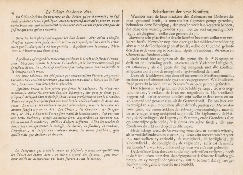 Explanation of the prints, text sheet, Explanation of the prints in French and Dutch, page 4. Text sheet is part of an album., writer (clerical worker): Charles Perrault, translator: François de Kaarsgieter, Amsterdam, publisher: Pieter Schenk (I), 1693, writer (clerical worker), paper, letterpress printing, text in letterpress, height 219 mm x width 310 mm, An aged, off-white sheet with printed columns of small, dark serif text separated by a thin vertical rule, showing uneven paper texture and faint foxing spots, margins around the edges, and a slight shadowing near the center fold.