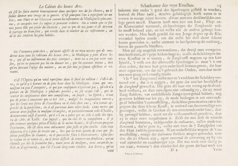 Text sheet about Music, text sheet, Explanation of the print with the representation of the personification of Music in French and Dutch, page 15. Text sheet is part of an album., writer (clerical worker): Charles Perrault, translator: François de Kaarsgieter, publisher: Pieter Schenk (I), Amsterdam, 1693, writer (clerical worker), paper, letterpress printing, text in letterpress, height 219 mm x width 308 mm, A close-up of two pages from an old printed book or pamphlet showing dense columns of printed text in two different languages, with a central vertical dividing line between the columns; the left page has a decorative title line at the top in a larger serif type and the right page shows a page number near the top corner; the paper has an aged, slightly yellowed tone with small spots and faint stains, and the printed type varies in weight and italics across paragraphs creating visual contrast.