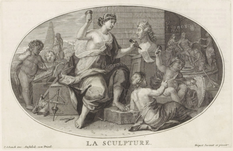 Sculpture, La Sculpture, Le Cabinet des Beaux Arts, The Treasury of the Liberal Arts, print, album page, Ceiling piece with the personification of Sculpture. She is sculpting a bust of Louis XIV. Putti assist her. Print is part of an album., printmaker: Pieter Sluyter, Amsterdam, after print by Louis Cossin, after painting by Jacques-Antoine Friquet de Vauroze, publisher: Pieter Schenk (I), grantor of privilege: Staten van Holland en West-Friesland, 1693, Louis Cossin, States of Holland and West Friesland, after print by, provider of privilege, paper, etching, engraving, etching and engraving, height 170 mm x width 263 mm, 'Sculptura', symbolic representations, allegories and emblems, 'Scoltura' (Ripa), (decorated) ceiling, An oval engraving shows a central seated female figure draped in flowing cloth holding a small mallet in one hand and appearing to work on a sculpted bust placed on a pedestal, surrounded by several putti engaged in various activities; one putto stands at left near ...