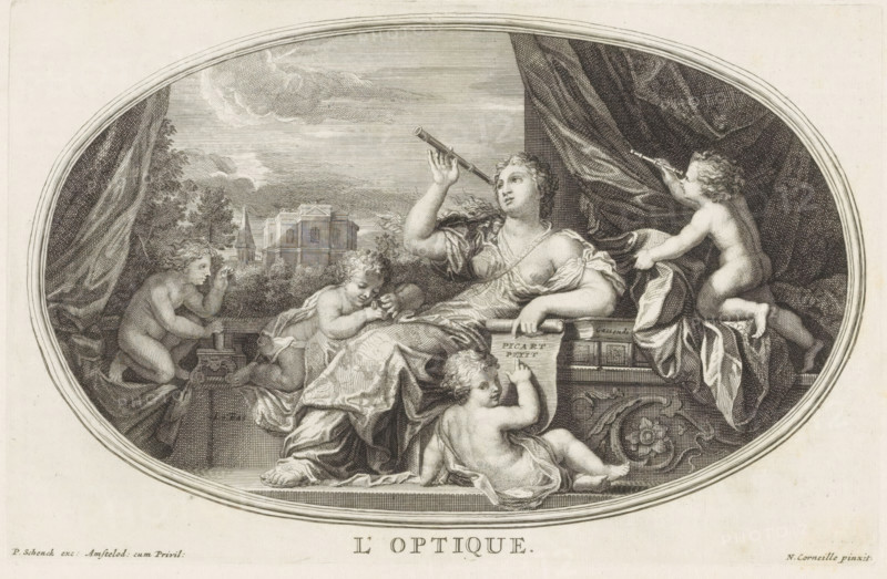 L´Optique, Sight Science, Le Cabinet des Beaux Arts, The Treasury of the Liberal Arts, print, album page, Ceiling piece with the personification of Sight Science. She looks at the sky through a telescope. Next to her, a putto who is also looking through a telescope. On the left, two putti studying small objects. In the background, the Observatory of Versailles. Print is part of an album., printmaker: Pieter Sluyter, Amsterdam, after print by Charles Louis Simonneau, after painting by Michel Corneille (II), publisher: Pieter Schenk (I), grantor of privilege: States of Holland and West Friesland, 1693, Charles Louis Simonneau, after print by, paper, etching, engraving, height 170 mm x width 263 mm, telescope, (decorated) ceiling, optics, An oval engraving shows a seated woman draped in flowing fabric, one arm resting on a ledge and the other raised holding a long tube to her eye as if looking outward, her hair curled and partially covered by cloth. Surrounding her are several young naked...