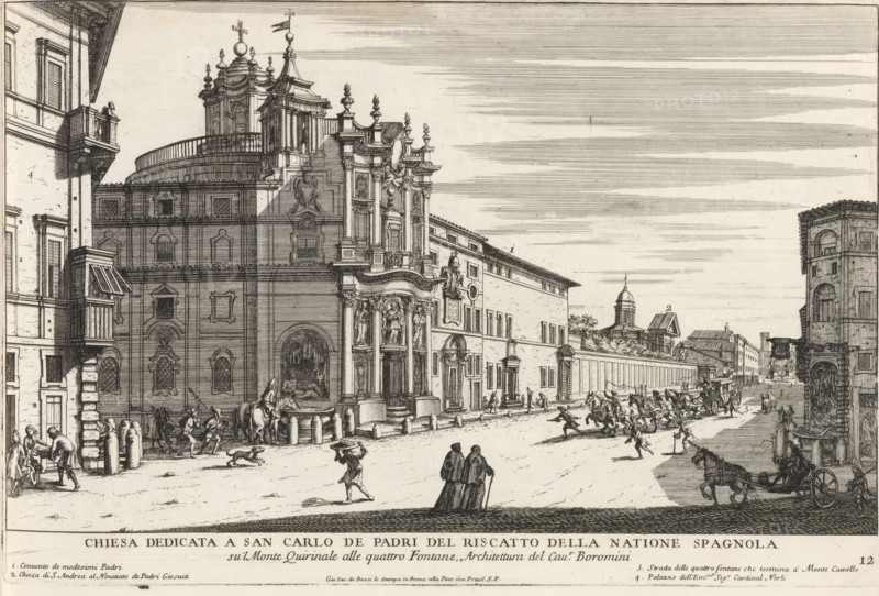 Chiesa dedicata a San Carlo de padri del riscatto della natione Spagnol, San Carlo alle Quattro Fontane in Rome, Modern buildings in Rome, Il nuovo teatro di Roma moderna, Il terzo libro del'novo teatro delle chiese di Roma date in luce sotto il felice pontificato di nostro signore papa Clemente IX... (libro terzo), print, album page, Series number, 12, 38, Title and an explanatory list of numbers in the bottom margin. Print is part of an album., printmaker: Giovanni Battista Falda, Italy, after drawing by Giovanni Battista Falda, publisher: Giovanni Giacomo de' Rossi, Rome, grantor of privilege: Clement IX, Vatican City, dedicated by: Giovanni Giacomo de' Rossi, dedicated to: Clement IX, 1669 - 1670, Giovanni Battista Falda, Giovanni Giacomo de' Rossi, printmaker, after drawing by, publisher, paper, etching, height 235 mm x width 357 mm, This title print is part of a series of 38 prints depicting churches in Rome. Together with four other series, it forms the large series: 'Il nuovo t...