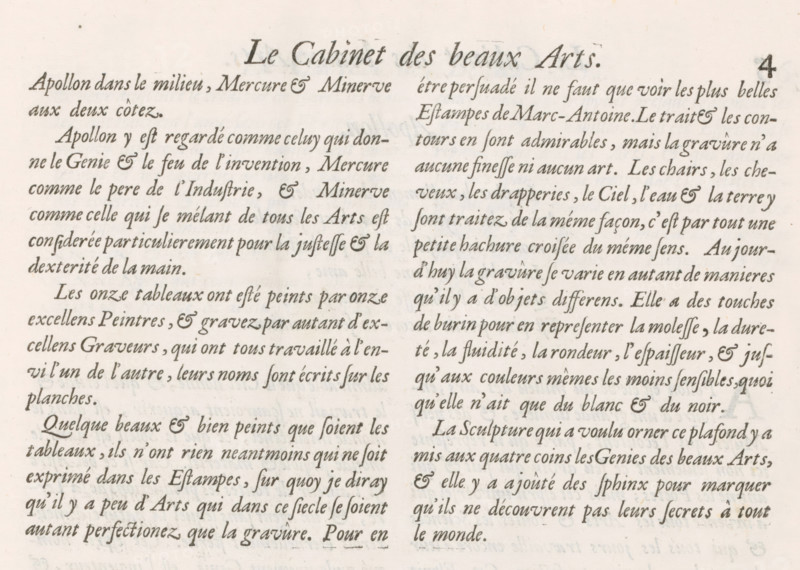 Text sheet with explanation of the prints, p. 4, Explication du desséin general, album page, text sheet, Explanation of the prints in French. Page 4. Text sheet is part of an album., writer (clerical worker): Charles Perrault, publisher: Gerard Edelinck, Paris, 1695, writer (clerical worker), paper, letterpress printing, text in letterpress, height 281 mm x width 380 mm, A close-up of an aged printed page showing two columns of cursive serif text in a dark ink on a light beige paper background, with a decorative title centered at the top of the left column and a small page number near the top right edge, the text lines showing slight ink variations and worn edges, some faint smudging and uneven printing, and the paper displaying a subtle grain and small spots.