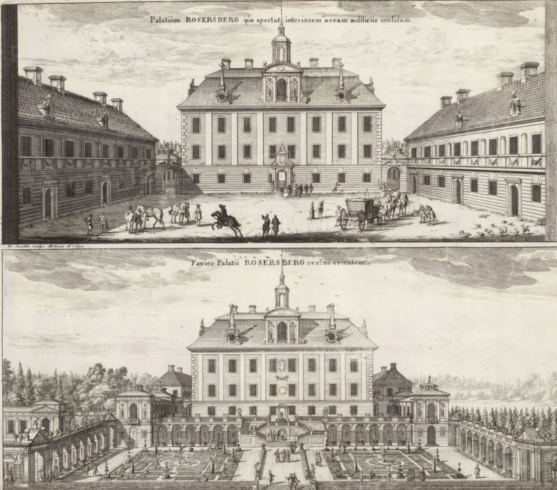 Palatium Rosersberg qua spectat interiorem areaam aedificiis inclusam, Facies Palatii Rosersberg versus orientem, View of Rosersberg Castle, from the courtyard and the east, Suecia Antiqua et Hodierna, print, album page, printmaker: Willem Swidde, Stockholm, supervision: Erik Jönssen Dahlberg, 1695, paper, etching, height 288 mm x width 332 mm, housing, Sigtuna, Rosersberg Castle, A detailed engraved scene of a large symmetrical palace with a central main building flanked by long wings, each with rows of windows and decorative roof elements, a pitched roof on the central block topped by a small cupola, and formal terraces and gardens in front featuring geometric planting beds, pathways, statues, and fountains; numerous small figures populate the courtyard and terraces, including people walking, conversing, riding horses, and attending to carriages and animals, while architectural details such as staircases, balustrades, arched openings, and ornate window surrounds are visible throughou...