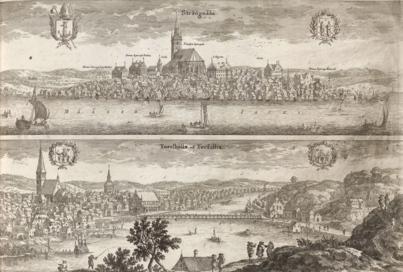 Strängnääs, Toreshälla vell Torsilia, View of Strängnäs and Torshälla, Suecia Antiqua et Hodierna, print, album page, printmaker: Adam Perelle, supervision: Erik Jönssen Dahlberg, 1670 - 1674, paper, etching, height 256 mm x width 384 mm, city-view in general, 'veduta', Strängnäs, Torshälla, A detailed engraved view shows two horizontal cityscape panels separated by a narrow border, each depicting a waterfront town with clustered buildings, steep-roofed houses, and prominent church towers rising above the skyline; the upper panel features a large central church with a tall spire flanked by dense rows of houses and small sailing vessels on the water in front, while the lower panel shows a wide harbor with ships and boats, a bridge or pier extending into the water, rolling hills and rocky outcrops framing the town, and small groups of people on the shoreline and atop the hills; decorative heraldic cartouches appear near the top corners of the image, and the sky is filled with finely hatc...