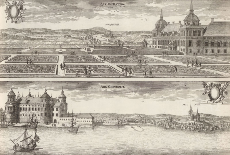 Arx Eskilstuna, Arx Gripsholm, View of Eskilstuna Castle and Gripsholm Castle, Suecia Antiqua et Hodierna, print, album page, printmaker: Adam Perelle, supervision: Erik Jönssen Dahlberg, 1670 - 1674, paper, etching, height 265 mm x width 391 mm, castle, Eskilstuna, Gripsholm Castle, A wide engraved scene shows a formal terraced garden with ornate rectangular parterre beds filled with intricate swirling patterns, intersecting straight gravel paths, low balustrades, and scattered groups of small figures walking and standing; to the right a large multi-story building with domed towers, steep roofs, many windows, and detailed stonework borders the garden, while in the background rolling hills, clusters of buildings, and a river or channel stretch toward the horizon under a clouded sky with flocks of birds; below the garden a waterfront view features a fortified castle-like structure with towers and battlements, sailing ships in the water, a shoreline lined with houses and docks, and addit...