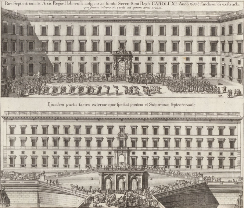 Pars Septentrionalis Arcis Regiæ Holmensis, North wing of Tre Kronor Castle, Suecia Antiqua et Hodierna, print, album page, North wing of Tre Kronor Castle in Stockholm. Above viewed from the courtyard. Below from the outside., printmaker: Willem Swidde, supervision: Erik Jönssen Dahlberg, 1697, paper, etching, height 286 mm x width 332 mm, castle, Sweden, Stockholm, Södermalm, Gamla stan, Tre Kronor Castle, A large architectural engraving showing two wide façades of a multi-story stone building with many regularly spaced tall windows and decorative window frames, an arched ornate central doorway with sculptural decoration, and a broad exterior staircase descending to a lower level; small detailed figures populate the courtyard, on the steps, and along the bridge-like terraces, including groups of people walking, soldiers in formation carrying long rifles, horse-drawn carriages, and clusters of onlookers; horizontal bands of cornices, balustrades, and decorative moldings run across the...