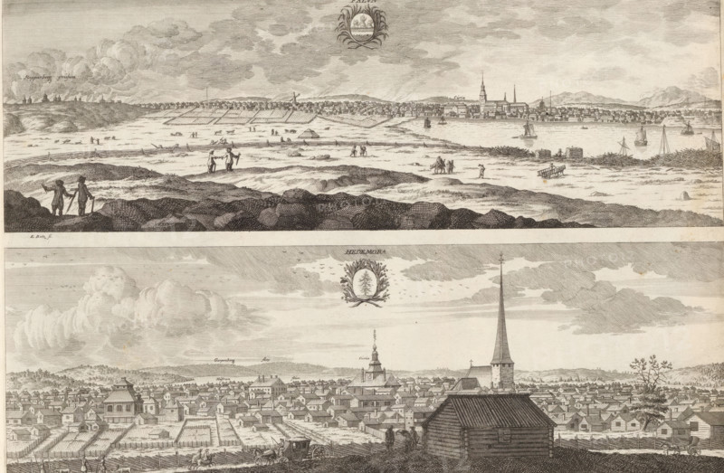 View of Falun and Hedemora, Falun, Hedemora, Suecia Antiqua et Hodierna, print, album page, printmaker: Erik Reitz, supervision: Erik Jönssen Dahlberg, 1696, paper, etching, height 254 mm x width 380 mm, city-view in general, 'veduta', Dalarna, A wide engraved panorama shows a coastal town and surrounding landscape divided into two horizontal sections. In the upper section a shoreline with small sailing vessels is bordered by a settlement of clustered buildings and a prominent church with a tall spire; fields, fences, scattered people, animals, and mounds of earth fill the foreground while cloud formations stretch across the sky. In the lower section a dense townscape of tightly packed houses and roofs extends toward the horizon, with a tall church steeple rising above the buildings, a wooden structure in the foreground near a fence, horse-drawn carts and figures on the road, cultivated plots and rows of plants, and layered clouds overhead. Overall the scene is rendered in fine etched ...