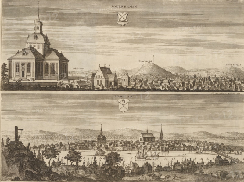 Söderhambn, Sundswald, View of the city of Söderhamn and Sundsvall, Suecia Antiqua et Hodierna, print, album page, printmaker: Johannes Jacobsz van den Aveele, Stockholm, supervision: Erik Jönssen Dahlberg, 1700, paper, etching, height 274 mm x width 371 mm, city-view in general, 'veduta', Söderhamn, Sundsvall, A wide engraving shows two horizontal cityscape bands separated by a blank water-like stripe; the upper band features a large domed church with a tall spire on the left, steps and small figures at its entrance, and a dense cluster of small gabled houses and additional church buildings stretching to the right with hills rising behind them, while the lower band depicts a waterfront scene with many sailing ships at anchor, rows of timber buildings along the shore, a bridge extending across the water to the right, and a foreground of rocky outcrops, trees, scattered tents, and small figures and carts.