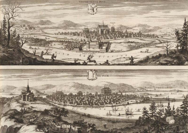 Civitas vetvs Pitae, Civitas nova Pitae, View of Piteå, the old and new town, Suecia Antiqua et Hodierna, print, album page, printmaker: Johannes Jacobsz van den Aveele, Stockholm, supervision: Erik Jönssen Dahlberg, 1701, paper, etching, height 268 mm x width 376 mm, city-view in general, 'veduta', Piteå, A wide engraved panorama showing two horizontal town views separated by a blank band, each view densely detailed with clustered buildings, large churches with steeples, and rows of houses along waterfronts; the upper section features a riverside estate with a formal building and gardens in front of a town set against rolling hills, with small figures on the riverbank, trees framing the scene, and a foreground showing people, animals, and sparse leafless trees on rocky ground; the lower section shows a coastal town with many tightly packed roofs, a prominent church on a hillside, numerous sailing ships and boats in the water, wooded hills in the background, and foreground figures with...