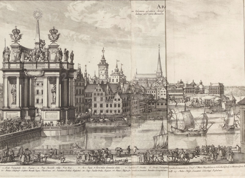 Arcus Triumphalis in Solennem adventum Serenissimae Reginae Uldaricae Eleonorae, Stockholmiæ ad Pontem Borealem die 24 Novemb Anno 1680 extructa, Triumphal arch erected at the solemn entry of Queen Ulrike Eleonora, November 24, 1680, Suecia Antiqua et Hodierna, print, album page, Triumphal Arch on the Norrström in Stockholm, erected at the entry of the Swedish Queen Ulrike Eleonora, 1680., printmaker: Willem Swidde, supervision: Erik Jönssen Dahlberg, 1691, paper, etching, etching in two parts, folded, height 255 mm x width 580 mm, Person, Ulrika Eleonora of Denmark (Queen of Sweden), triumphal arch, Stockholm, Nörrstrom, Period, 1680-11-24, An expansive engraved cityscape shows a waterfront with numerous boats and ships in the water, a large ornate triumphal arch with sculptures and decorative crowns on the left, a busy quay with people walking and carriages, a bridge lined with figures, rows of multi-story buildings with pitched roofs and towers rising behind them, a tall church spir...