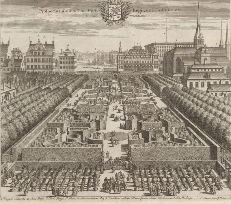 View of the Kungsträdgården in Stockholm, from the north, Prospectus amoenissimi Horti Regii qui Holmiae est, versus meridiem, Suecia Antiqua et Hodierna, print, album page, View of the Kungsträdgården or King's Garden in Stockholm., printmaker: Johannes Jacobsz van den Aveele, Stockholm, after drawing by Johannes Jacobsz van den Aveele, supervision: Erik Jönssen Dahlberg, 1700, Johannes Jacobsz van den Aveele, Erik Jönssen Dahlberg, printmaker, after drawing by, supervision, paper, etching, height 289 mm x width 333 mm, garden, Kungsträdgården, A wide engraved view shows a formal garden with symmetrical parterres, clipped hedges forming maze-like shapes, planted beds with patterned designs, and a central pathway lined with small trees and people walking and standing; at the far end of the garden there is a fountain with figures around it and a raised terrace leading to a balustrade and bridge; beyond that a waterfront with sailing ships and a quay is visible, flanked by rows of multi-...