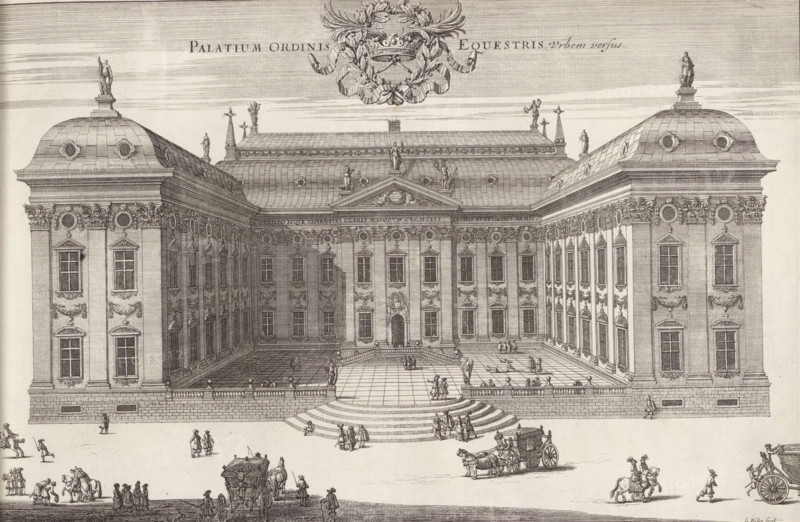 Riddarhuset on the city side, Palatium Ordinis Equestris urbem versus, Suecia Antiqua et Hodierna, print, album page, The Riddarhuset (Knight's House), the permanent meeting place of the Swedish nobility in Stockholm. In the foreground several carriages., printmaker: Jean Lepautre, supervision: Erik Jönssen Dahlberg, 1670, Jean Lepautre, Erik Jönssen Dahlberg, printmaker, supervision, paper, etching, height 273 mm x width 384 mm, civic architecture, edifices, dwellings, Stockholm, Södermalm, Gamla stan, Riddarhuset, A detailed architectural engraving shows a large symmetrical palace with a central courtyard framed by two long wings and two rounded corner pavilions topped with statues. The façade features rows of tall rectangular windows with decorative pediments and ornate sculptural reliefs between them, a balustraded terrace with steps leading down into the open paved courtyard, and an arched central entrance beneath a triangular pediment. The roofline includes mansard-style curved r...