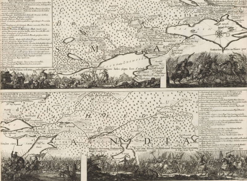 Map of the Bravalla heath, Topographica Delineatio Camporum Bravielsium in Smolandiae Praefectura Cronebergensi territorio Alboensi, Suecia Antiqua et Hodierna, print, album page, folder, printmaker: Willem Swidde, Stockholm, supervision: Erik Jönssen Dahlberg, 1693, paper, etching, height 293 mm x width 379 mm, Bravalla heath, A detailed monochrome engraving showing a large map with coastlines, islands, labeled regions, and many small repeated symbols covering land areas, framed by blocks of text and cartographic elements like a compass rose. Along the top and middle horizontal bands are dense rows of engraved battle scenes and gatherings of mounted figures, foot soldiers, tents, banners, and fallen bodies depicted in dynamic poses. The map includes stylized shorelines, pen-and-ink shading, clusters of small tree-like marks, and numerous place labels rendered in ornate script. Decorative elements include framed legend boxes, ornamental cartouches, and densely hatched shading creating ...