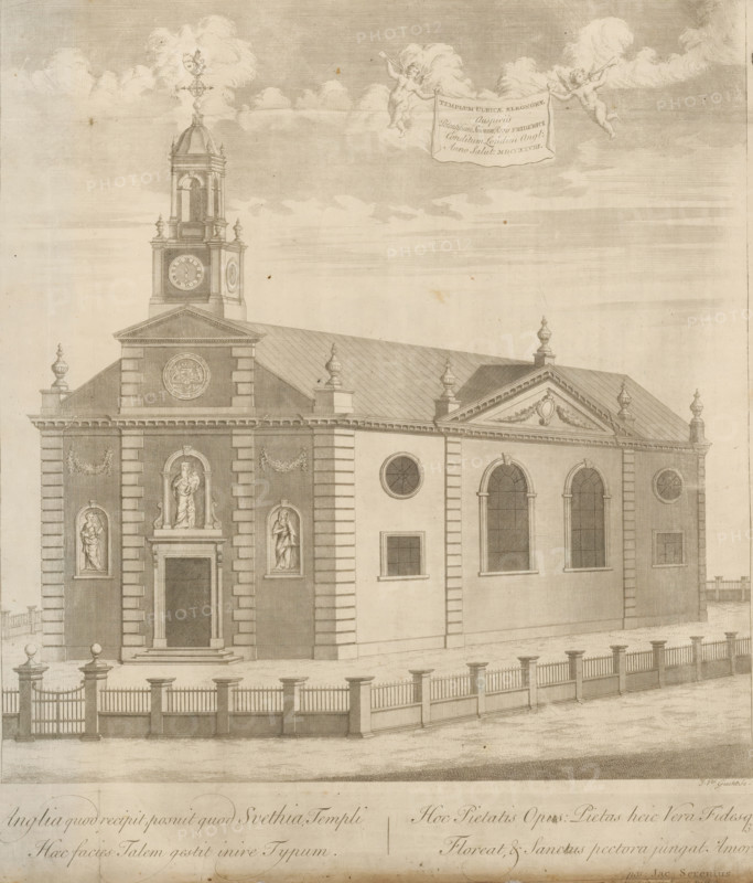Templum Ulricæ Eleonorae auspiciis Potentissimi Svionum Regis Friderici Conditum Londini angl: Anno Salut: MDCCXXVIII, View of the Ulrika Eleonora church in London, Suecia Antiqua et Hodierna, print, album page, printmaker: John van der Gucht, Stockholm, 1717 - 1776, paper, etching, folded, height 405 mm x width 355 mm, church (exterior), London, Ulrika Eleonora Church, A detailed architectural engraving of a stone building with a central entrance flanked by niches containing sculpted figures and decorative garlands, a pediment above the entrance with a round medallion, a clock tower rising from the roof with ornate balustrades and a dome topped by a decorative finial, arched windows and circular windows along the side elevation, a pitched roof with sculpted urns along the ridge, a low stone fence with metal railings and gate in front, two winged cherubs in the sky holding a draped banner, and soft horizontal shading indicating clouds and sky.