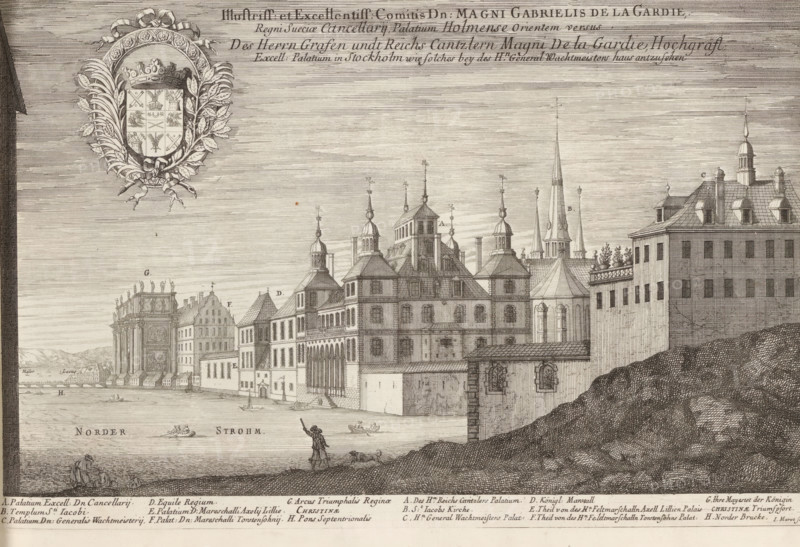 Illustriss: et Excellentiss: Comitis Dn: Magni Gabrielis De la Gardie, Regni Sueciae Cancellarij, Palatium Holmense Orientem versus, Des Herrn Grafen undt Reichs Cantzlern Magni De la Gardie Hochgräfl: Excell: Palatium in Stockholm, wie solches bey des H:n General Wachtmeisters haus antzusehen, Palace of Magnus Gabriel de la Gardie from the east, Suecia Antiqua et Hodierna, print, album page, printmaker: Jean Marot (I), supervision: Erik Jönssen Dahlberg, 1667, paper, etching, height 250 mm x width 373 mm, Kartor-bilder, Suecia-antiqua, (accessed November 2016)., palace, Stockholm, Norrmalm, Nörrstrom, Makalös Palace, An engraving showing a waterfront cityscape with a row of ornate buildings and towers along the water, multiple domed and spired roofs with decorative finials, a large coat of arms framed by laurel leaves and ribbon in the upper left, a calm body of water in the foreground with small boats and figures rowing, a person standing on the shoreline pointing or gesturing, a roc...