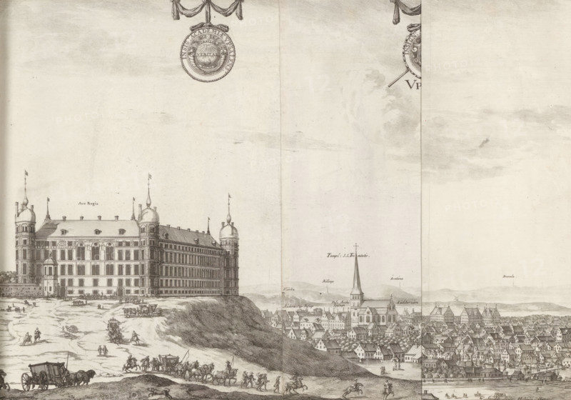 View of Uppsala, Uppsala, Suecia Antiqua et Hodierna, print, album page, View of Uppsala. On the left a castle on a hill. In the middle the cathedral., printmaker: Willem Swidde, Stockholm, supervision: Erik Jönssen Dahlberg, 1690, paper, etching, etching in two parts, folded, height 262 mm x width 580 mm, city-view in general, 'veduta', A wide sepia-toned engraving shows a large ornate multi-story palace with corner towers topped by domes and flags, situated on a raised grassy bluff above a densely built town with a tall church steeple and clustered rooftops; the foreground features a road along the bluff with horse-drawn wagons, riders, and small groups of people moving and gathered, while decorative roundels with ribbons appear near the top edge and textured cloud-like shading fills much of the sky.