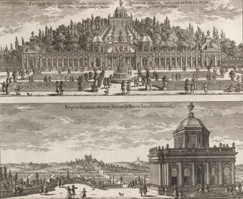 Orangery and the pavilion under and on the Mariaberg in the park at Ulriksdal Castle, Porticus horti Jacobsdahlensi in qua omnis generis plantae, rariores arbores item, Mala Citria Aurantia aliosque fructus peregrinos ferentes asseruantur, Repraesentatio Montis Mariae in horto Jacobsdahlensi, Suecia Antiqua et Hodierna, print, album page, printmaker: Adam Perelle, supervision: Erik Jönssen Dahlberg, 1668, paper, etching, height 285 mm x width 345 mm, garden buildings, greenhouse, orangery, Solna, Slot Ulriksdal, A detailed engraving showing two large classical buildings with columns and domed pavilions, a terraced garden with patterned parterres and sculpted fountains, many small figures in period dress walking and conversing along pathways and on terraces, rows of trees and distant wooded hills behind the upper building, ornate balustrades and urns lining the garden, and a sky filled with clouds above.