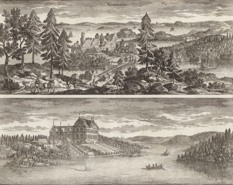 Almarestääk, Arnöö, View of the ruins of Almarestäkets Castle and the bishop's house Arnö, Suecia Antiqua et Hodierna, print, album page, printmaker: Adam Perelle, supervision: Erik Jönssen Dahlberg, 1670 - 1674, Adam Perelle, Erik Jönssen Dahlberg, printmaker, supervision, paper, etching, height 275 mm x width 349 mm, Mansion Biskops-Arnö, A wide engraved landscape showing a shoreline with hills and forests, tall evergreen trees in the foreground, rocky outcrops and a dirt path with a horse-drawn cart and a rider, clusters of small buildings and a bridge near the water, sailing ships and rowboats on a calm body of water, distant islands and peninsulas, scattered clouds and flocks of birds in the sky, and a large multi-story building with formal gardens visible below the horizontal dividing line.