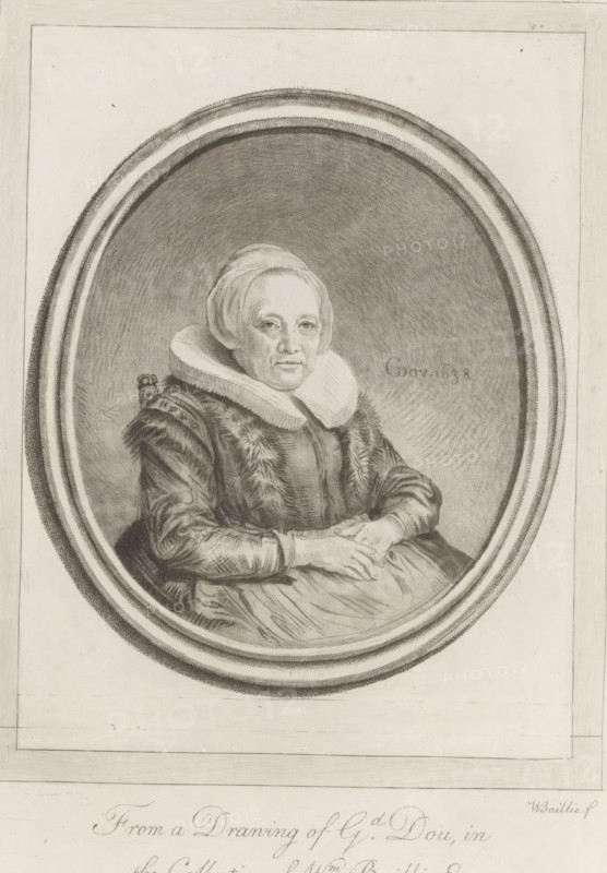 Portrait of Gerard Dou's mother, print, album page, printmaker: William Baillie, after drawing by Gerrit Dou, 1775-03-17, William Baillie, Gerrit Dou, printmaker, after drawing by, paper, print drawing, crayon manner, etching, etching in crayon way, height 330 mm x width 229 mm, A monochrome oval portrait drawing of an older woman seated, shown from the waist up and facing slightly toward the viewer, wearing a close-fitting cap and a large ruffled collar, a dark textured garment with fur trim over the shoulders, and a draped skirt; her hands rest in her lap with fingers interlaced, and the oval frame surrounding her is rendered with shaded concentric bands against a plain rectangular background.