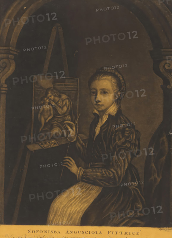 Sofonisba Angusciola Pittrice, Self-portrait of Sofonisba Anguissola, print, album page, painting a Virgin and Child., stamp: 'GR, First Account', printmaker: William Baillie, after painting by Sofonisba Anguissola, 1753 - 1810, paper, paste, mezzotint, mezzotint on yellow prepared paper, mounted on album page, height 347 mm x width 254 mm, Person, A seated woman with braided hair and a high lace collar holds a brush and palette, wearing a dark dress with puffed sleeves and a light apron; she sits beside an easel displaying a painting of a seated woman cradling a child, all framed by an arched architectural opening with decorative scrollwork on the sides.