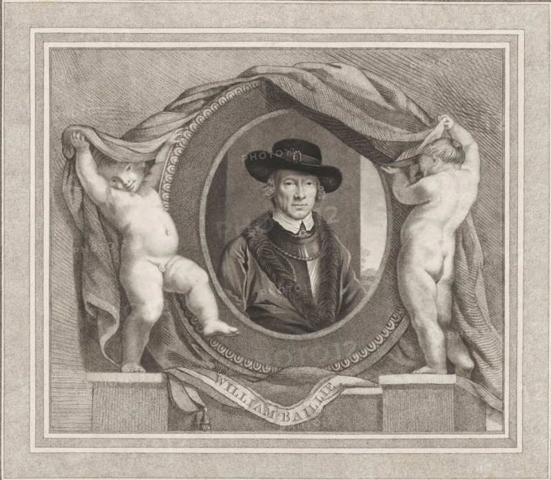Portrait of William Baillie, print, album page, Two putti reveal a portrait of William Baillie., printmaker: William Baillie, 1753 - 1810, paper, stippling, etching, etching and stippling, height 319 mm x width 340 mm, Person, A framed black and white engraved portrait shows a man wearing a wide-brimmed hat and a fur-lined robe centered inside an oval medallion, flanked on either side by two nude cherubic figures holding up a draped cloth above the medallion, with decorative patterned borders surrounding the scene and heavy shading and stippling throughout the background and drapery.