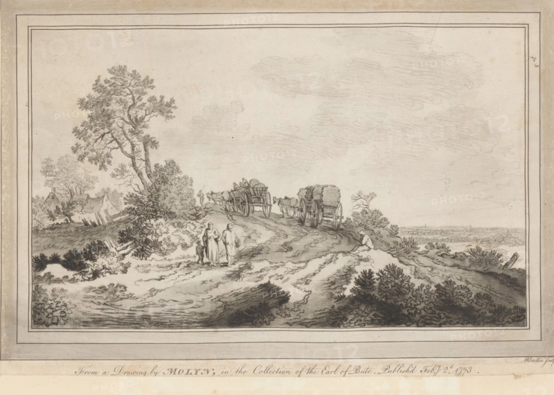 Landscape with two wagons on a road, print, album page, Landscape with a house and tree along a road. A man and woman with a child are walking on the road. Further on, two wagons drawn by donkeys or horses are driving., printmaker: William Baillie, after drawing by Pieter de Molijn, 1773-02-02, paper, paste, print drawing, crayon manner, etching, rocker stamped, etching in crayon manner and rocker, pasted on album page, height 207 mm x width 307 mm, public road in village, landscapes, animal traction, animal-drawn vehicle (carriage etc.), A wide landscape drawing in muted tones shows a rolling dirt path leading over a hill with textured ground and low vegetation, framed by a double-lined border. Near the center foreground three standing figures are depicted in simple garments, and a small dog stands beside them. Further up the path two horse-drawn wagons with visible wheels and loads travel along the ridge, with a person seated or walking near the leading wagon. Trees and shrubs of var...